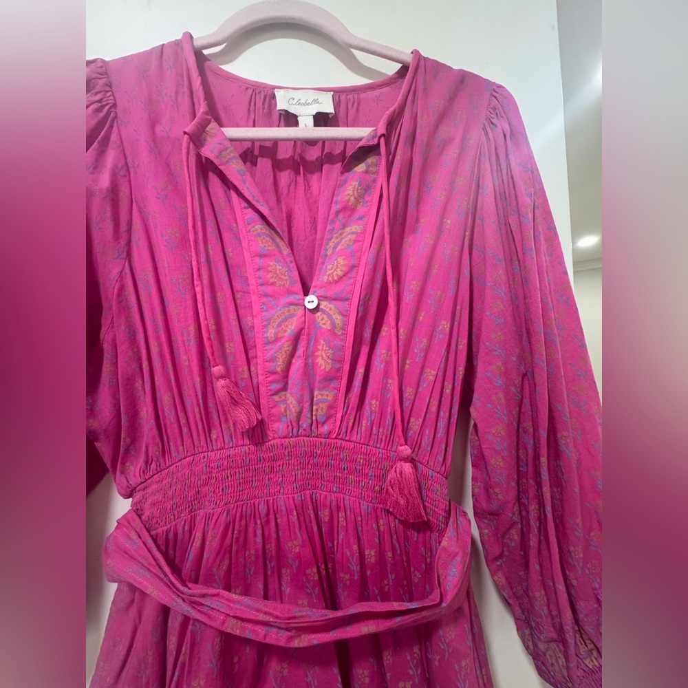 Cleobella Hot Pink Printed V‑Neck Long Sleeve Tunic with Tassels